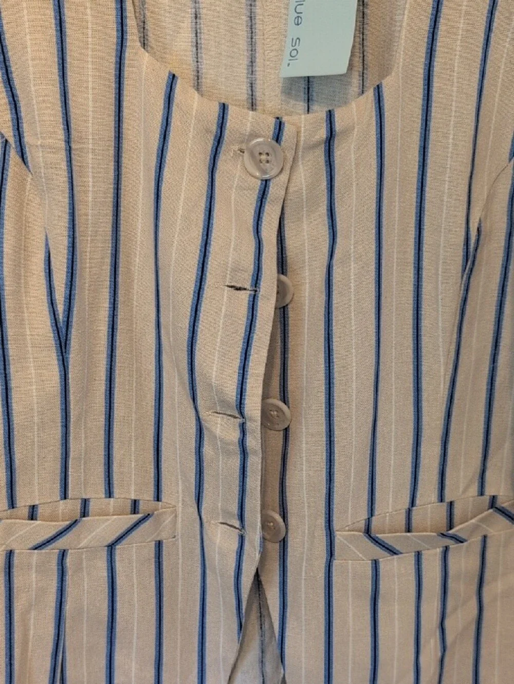 Blue Sol Striped Sleeveless Vest - Beige with Blue Stripes Brand New